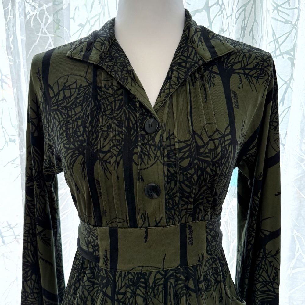 MARA HOFFMAN GREEN BLACK FOREST TREE PRINT SILK LONG SLEEVE WAIST BELT DRESS - Picture 5 of 13